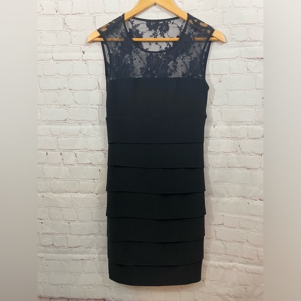 B.Smart Lace Sheer Neckline Bodycon Tiered Black Dress Womens Size 9/10